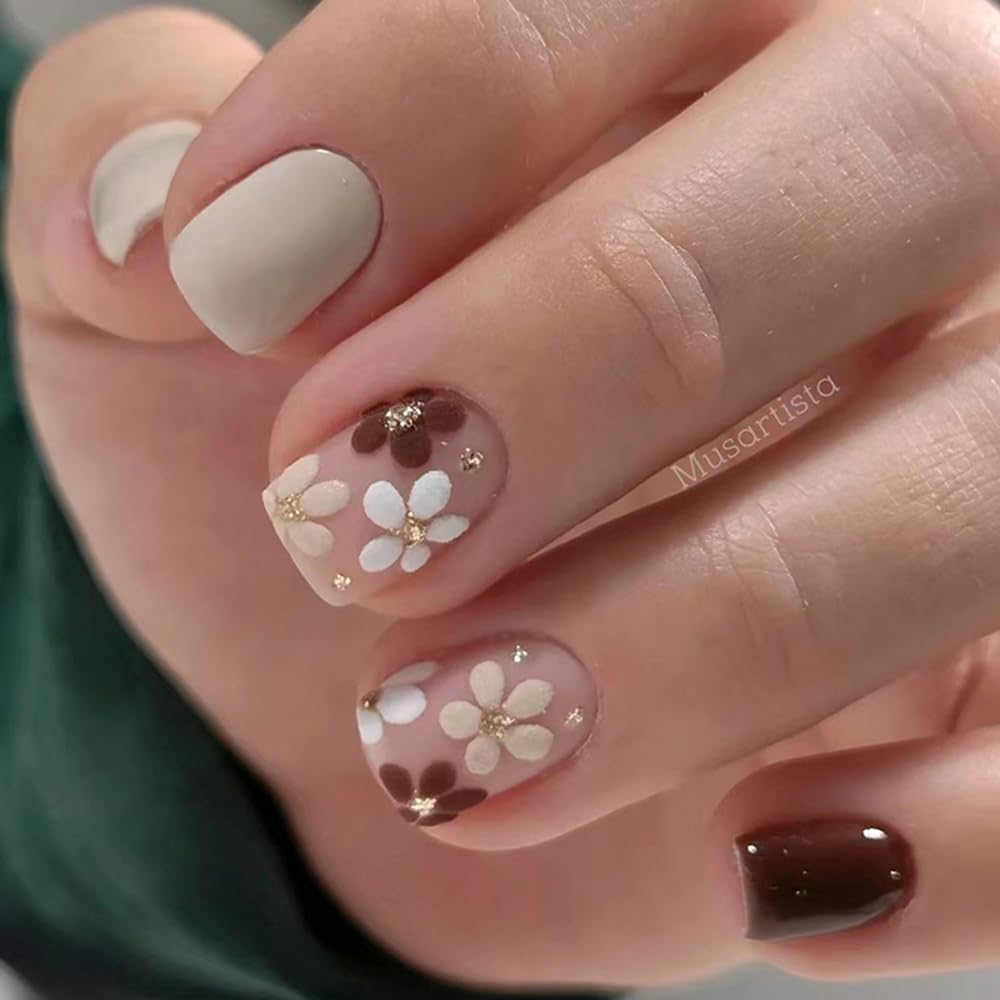 Mocha Daisy Press-Ons: Elegant Fall Florals with White & Brown Details
