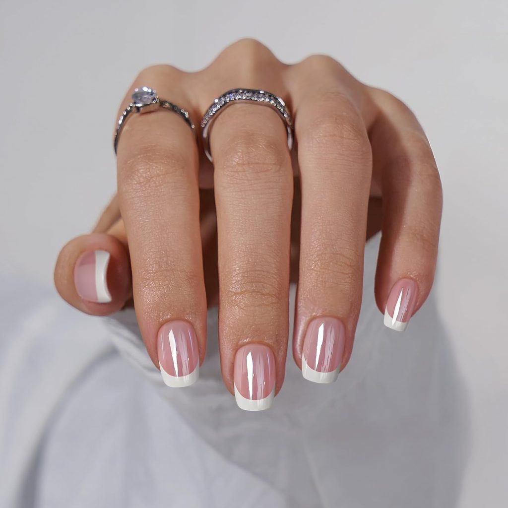 Classic French Press-On Nails: Timeless Bridal Design with Crystal Ring Styling 2024